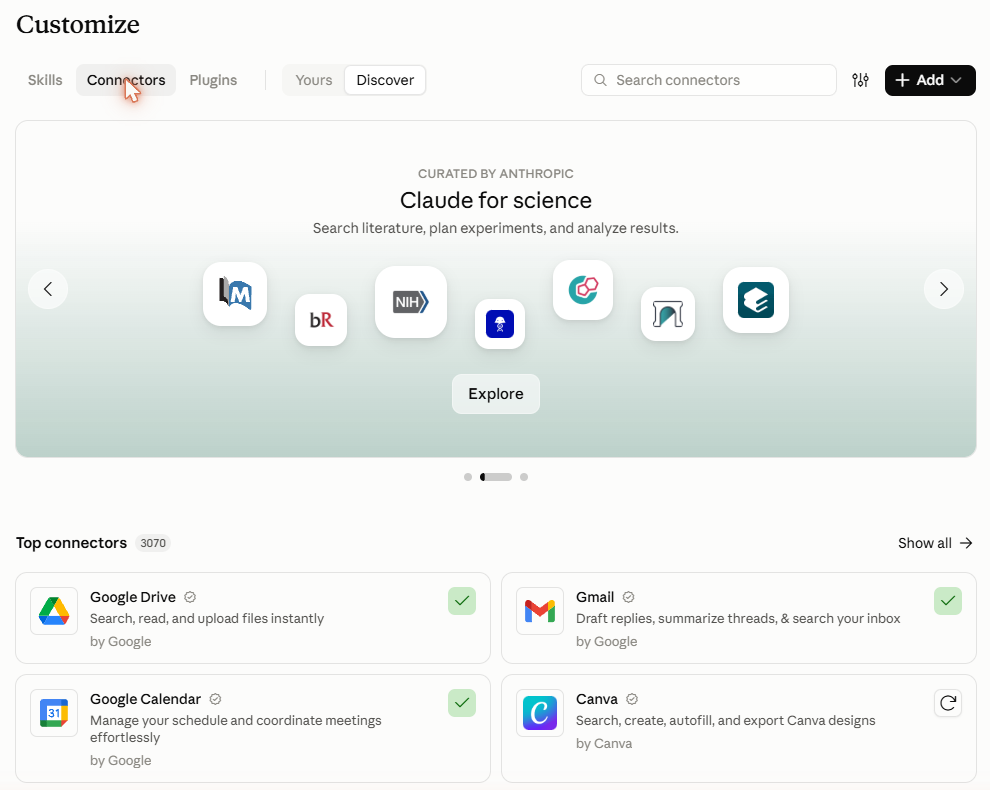 The Customize page with the Connectors tab selected and the Discover view showing. A search box sits at the top right beside an Add button, a featured collection sits in the middle, and a list of top connectors below includes Google Drive, Gmail, Google Calendar and Canva.