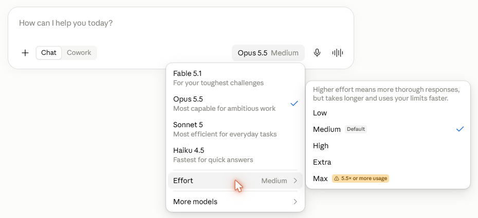 The model menu open, listing Fable 5.1, Opus 5.5 with a tick, Sonnet 5 and Haiku 4.5, with an Effort submenu beside it offering Low, Medium marked Default, High, Extra and Max, and Max flagged as 5.5 times or more usage.