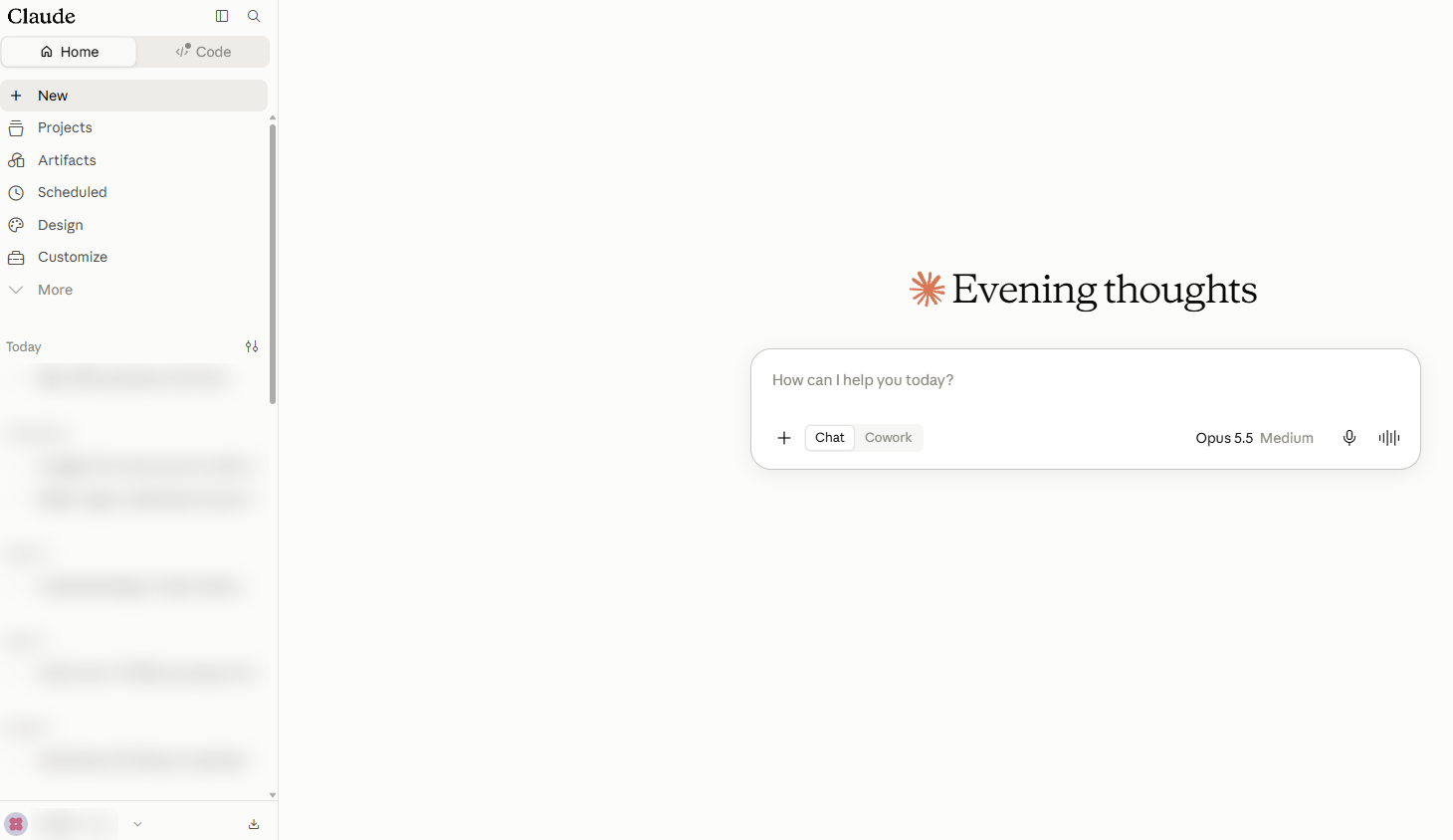 The claude.ai home screen: a sidebar on the left with Home and Code tabs and a list of pages, and a message box in the middle with a plus button, a Chat and Cowork switch, the model name, a microphone and a sound-wave button.