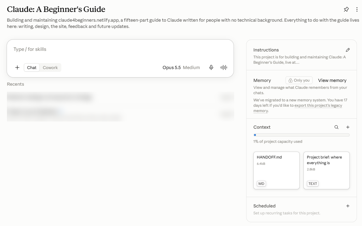 A project page. The project title and description are at the top, a message box sits in the middle, and a panel on the right holds Instructions with a pencil, Memory marked Only you, Context with a plus button and two files, and Scheduled.